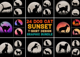 Dog Cat Sunset T-Shirt Design Graphic Bundle
